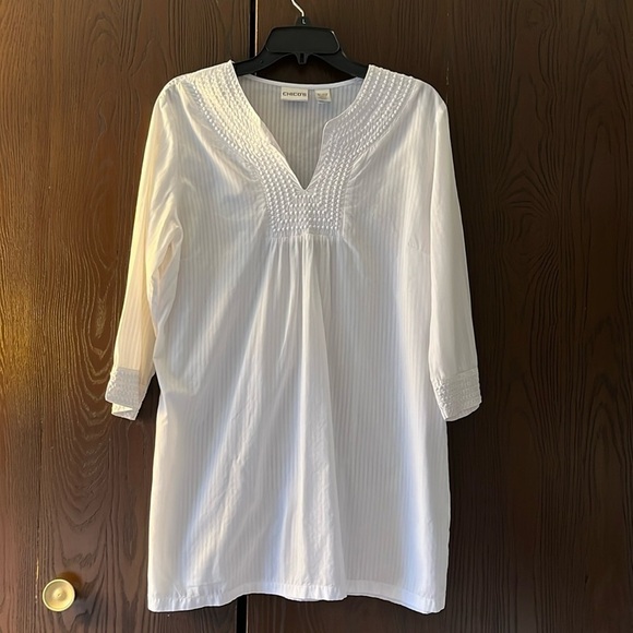 Chico’s white, 3/4 sleeved blouse. Long. V neck with cotton bead pattern. Chico2 - Picture 1 of 9